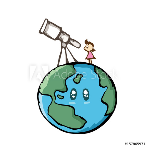 Girl looking the sky with telescope on the earth. Cute
